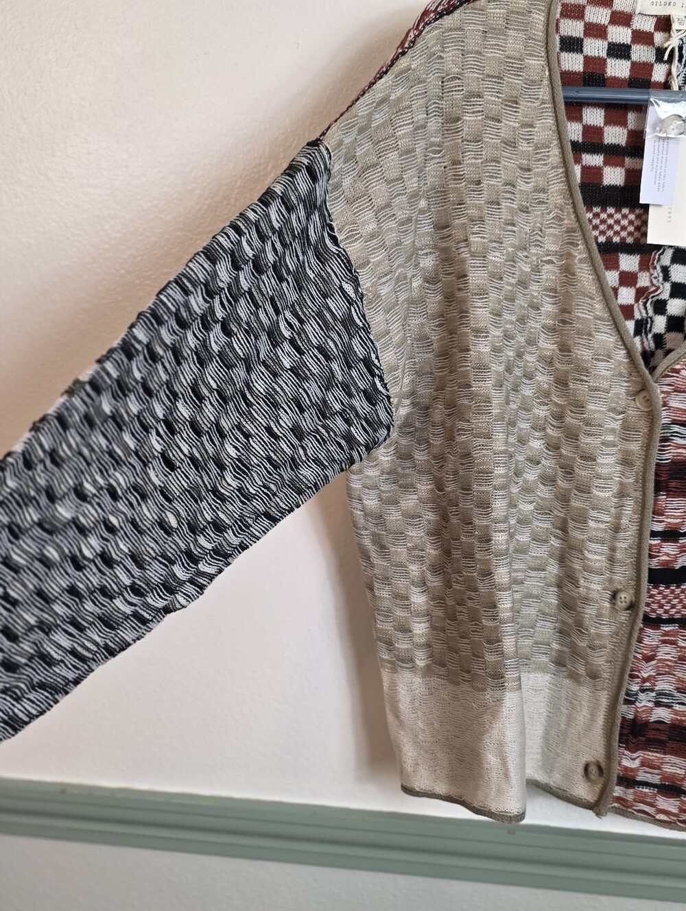 Gilded Intent XL Patchwork Checkered Knit Cardigan Sweater Rust Black Boho - Picture 7 of 16